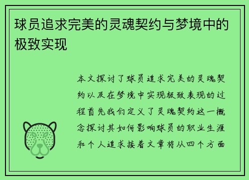 球员追求完美的灵魂契约与梦境中的极致实现