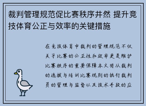 裁判管理规范促比赛秩序井然 提升竞技体育公正与效率的关键措施