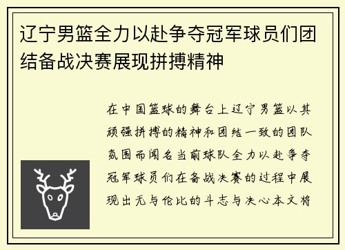 辽宁男篮全力以赴争夺冠军球员们团结备战决赛展现拼搏精神