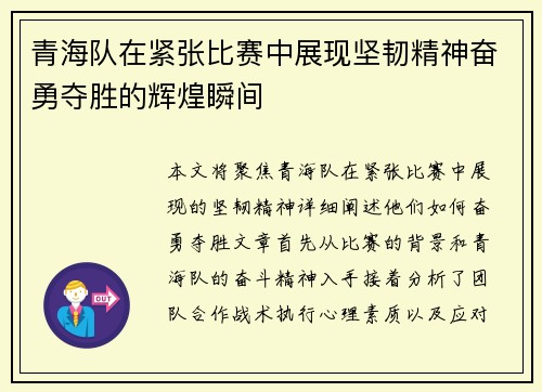青海队在紧张比赛中展现坚韧精神奋勇夺胜的辉煌瞬间