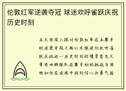 伦敦红军逆袭夺冠 球迷欢呼雀跃庆祝历史时刻