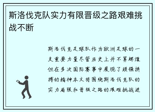 斯洛伐克队实力有限晋级之路艰难挑战不断