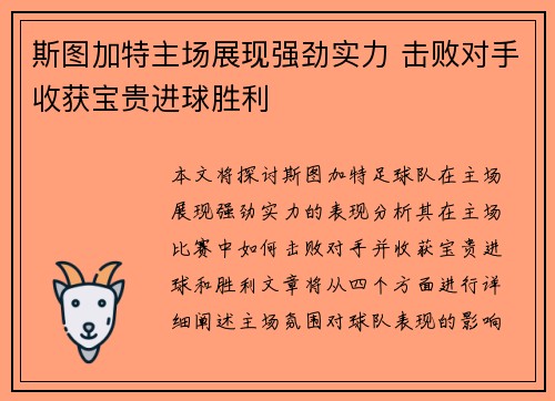 斯图加特主场展现强劲实力 击败对手收获宝贵进球胜利