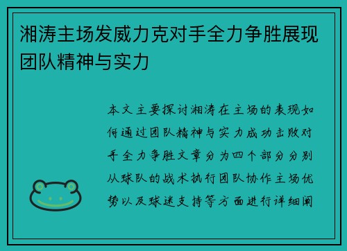 湘涛主场发威力克对手全力争胜展现团队精神与实力
