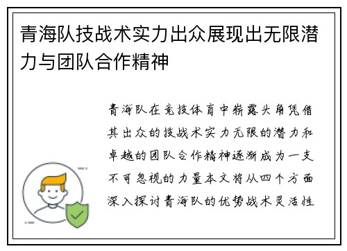 青海队技战术实力出众展现出无限潜力与团队合作精神