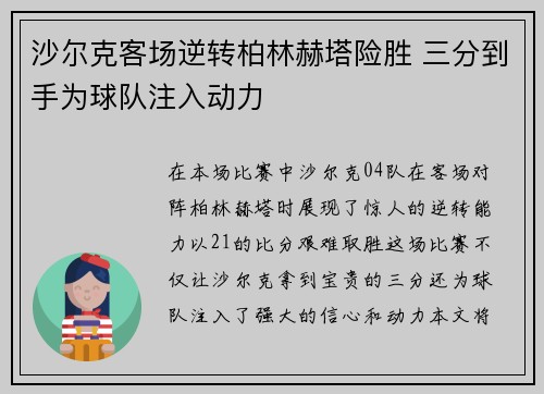 沙尔克客场逆转柏林赫塔险胜 三分到手为球队注入动力