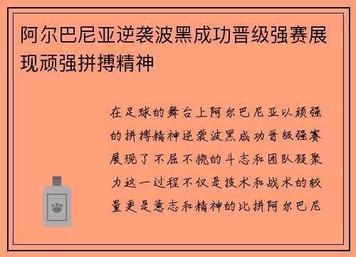 阿尔巴尼亚逆袭波黑成功晋级强赛展现顽强拼搏精神