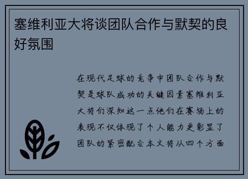 塞维利亚大将谈团队合作与默契的良好氛围