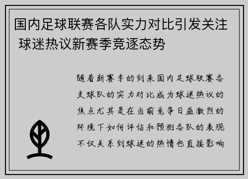 国内足球联赛各队实力对比引发关注 球迷热议新赛季竞逐态势