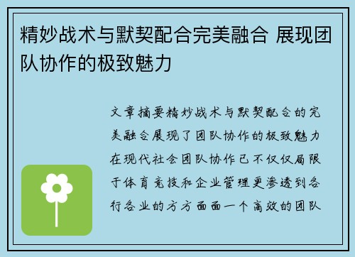 精妙战术与默契配合完美融合 展现团队协作的极致魅力