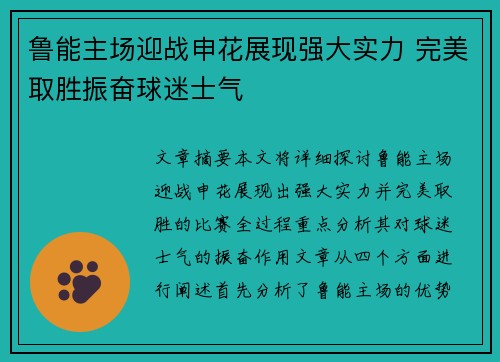 鲁能主场迎战申花展现强大实力 完美取胜振奋球迷士气