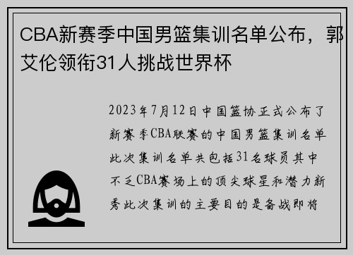 CBA新赛季中国男篮集训名单公布，郭艾伦领衔31人挑战世界杯