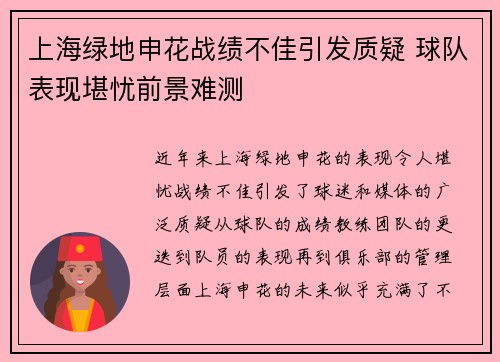 上海绿地申花战绩不佳引发质疑 球队表现堪忧前景难测