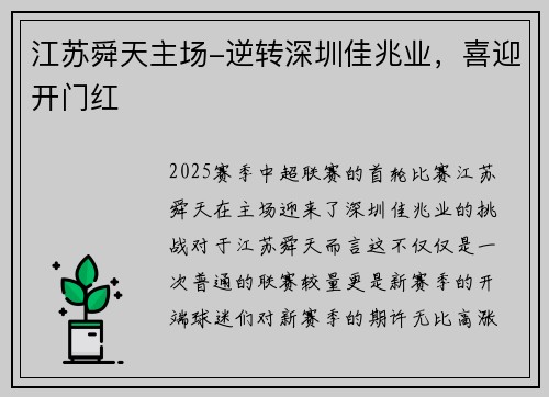 江苏舜天主场-逆转深圳佳兆业，喜迎开门红