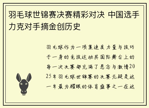 羽毛球世锦赛决赛精彩对决 中国选手力克对手摘金创历史