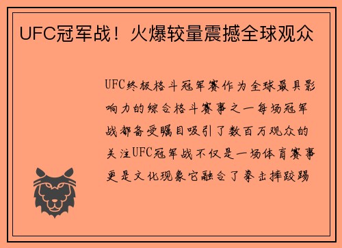 UFC冠军战！火爆较量震撼全球观众